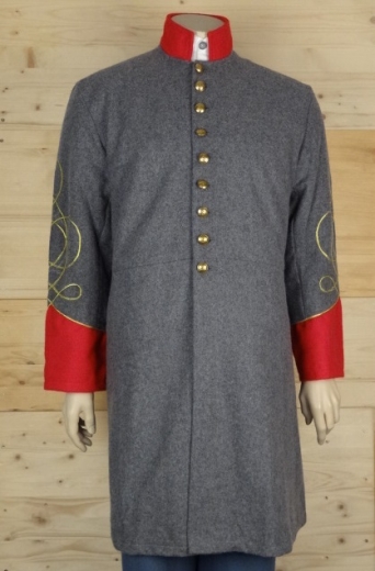 CS Frock Coat hellgrau/rot, Lieutenant, 1 reihig, 9 CSA Knpfe, 100% Wolle, Futter 100% Baumwolle