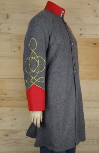 CS Frock Coat hellgrau/rot, Lieutenant, 1 reihig, 9 CSA Knpfe, 100% Wolle, Futter 100% Baumwolle