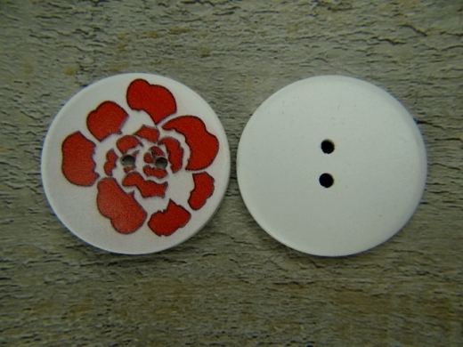 weier Holzknopf Blume rot, 2 Loch, ca. 4 cm