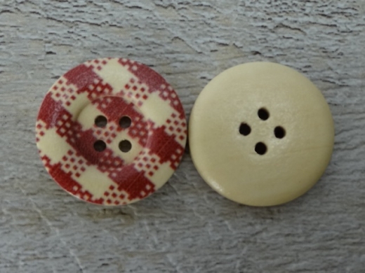 Holzknopf mit Karo Muster rot, 4 Loch, ca. 2,5 cm, Preis pro Stck