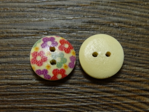 Holzknopf mit rot, lila & grnen Blumen, 2 Loch, ca. 1,5 cm, Preis pro Stck