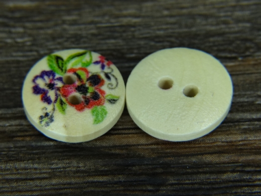 Holzknopf mit Rosa-Lila Blumenmuster, 2 Loch, ca. 1,5 cm, Preis pro Stck