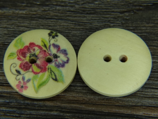 Holzknopf mit Rosa-Lila Blumenmuster, 2 Loch, ca. 1,5 cm, Preis pro Stck