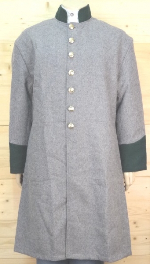 CS Frock Coat hellgrau / Waffenfarbe grn, 1 reihig, 9 CSA Knpfe, 100% Wolle, Futter 100% Baumwolle