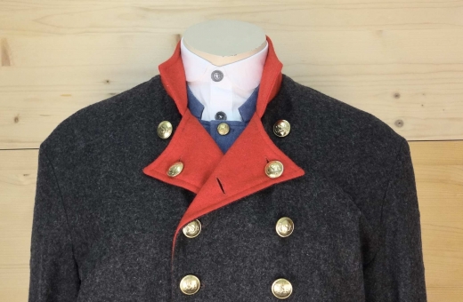 CS Frock Coat dunkelgrau, 2 reihig, rote Aufschlge, 14 CSA Knpfe, 100% Wolle, Futter 100% Baumwolle