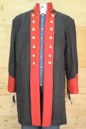 CS Frock Coat dunkelgrau, 2 reihig, rote Aufschlge, 14 CSA Knpfe, 100% Wolle, Futter 100% Baumwolle