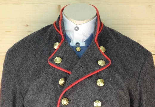 CS Frock Coat Lieutenant dunkelgrau/rot paspeliert, 2 reihig, 14 CSA Knpfe, 100% Wolle, Futter 100% Baumwolle
