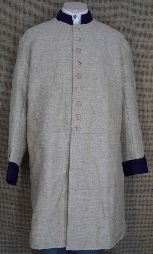 CS Frock Coat Jeanwool-Optik, natur / Waffenfarbe blau, 1 reihig, 9 Holzknpfe, 100% Baumwolle, Aufschlge 100% Wolle