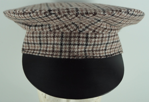 Forage Cap hellbraun kariert, auen 100% Wolle, Futter 100% Baumwolle, Schirm +Schweiband 100% Leder