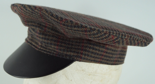 Forage Cap rot/braun/grn kariert, auen 100% Wolle, Futter 100% Baumwolle, Schweiband + Schirm 100% Leder