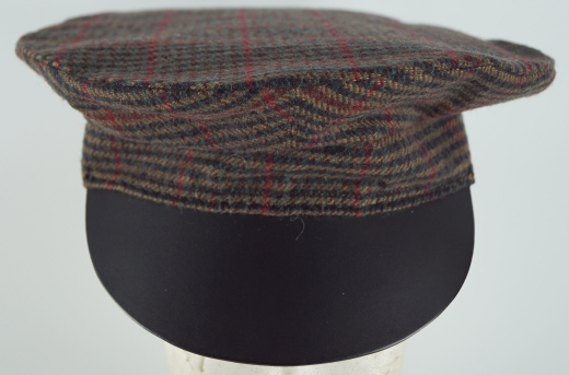 Forage Cap rot/braun/grn kariert, auen 100% Wolle, Futter 100% Baumwolle, Schweiband + Schirm 100% Leder