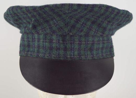 Forage Cap grn/blau kariert, auen 100% Wolle, Futter 100% Baumwolle, Schweiband + Schirm 100% Leder