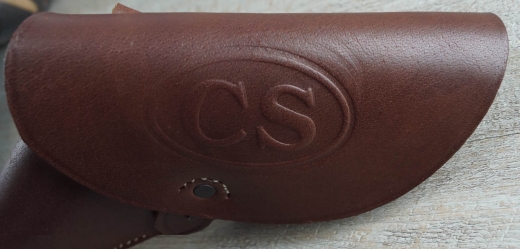 Holster linke Hand natur ge�lt, CS gepr�gt, Material: Leder, Verschlu�knopf Messing