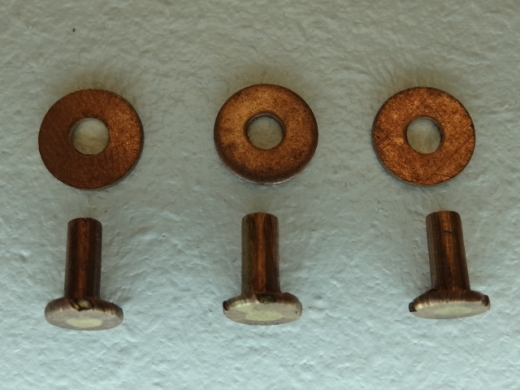 3 Kupfernieten Länge ca. 9,2 mm, Kopf ca. 6,8 mm & 3 Scheiben