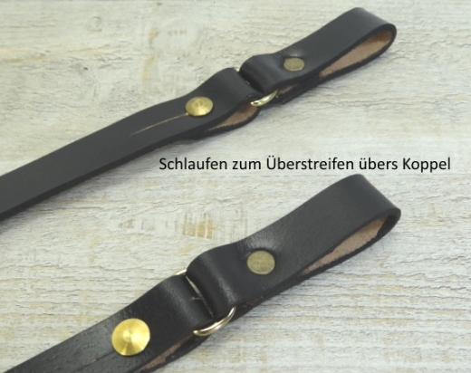 2 Sbelriemen aus Leder, fr Sbelkoppel, mit Schlaufe zum berstreifen, schwarz, Preis pro Paar, Material: Leder, Metallteile Messing
