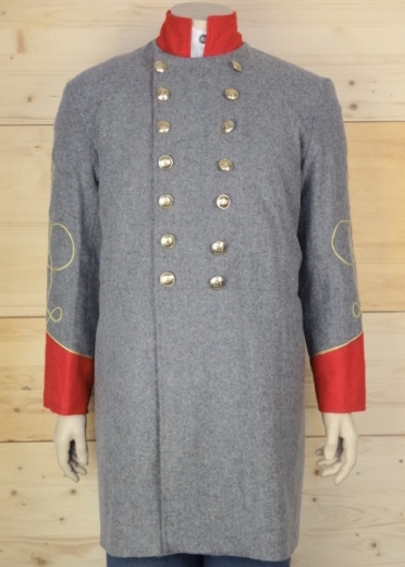 CS Frock Coat Lieutenant hellgrau/rot, 2 reihig, 14 CSA Knpfe, 100% Wolle, Futter 100% Baumwolle