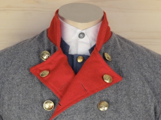 CS Frock Coat Lieutenant hellgrau/rot, 2 reihig, 14 CSA Knpfe, 100% Wolle, Futter 100% Baumwolle