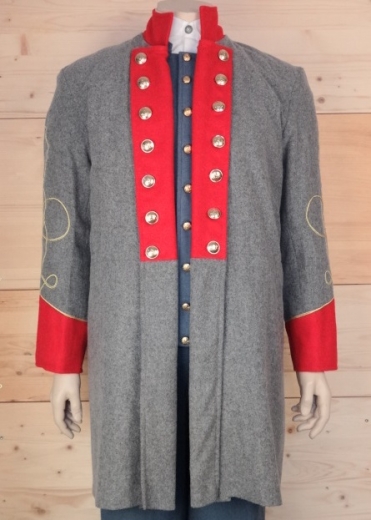 CS Frock Coat Lieutenant hellgrau/rot, 2 reihig, 14 CSA Knpfe, 100% Wolle, Futter 100% Baumwolle