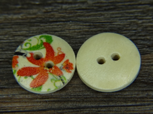 Holzknopf mit Rotem Blumenmuster, 2 Loch, ca. 1,5 cm, Preis pro Stck