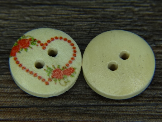 Holzknopf mit Rotem Herz, 2 Loch, ca. 1,5 cm, Preis pro Stck