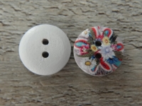 weißer Holzknopf Muster Blumen bunt, 2 Loch, ca. 1,5 cm