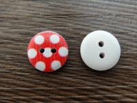 Holzknopf weiß / rot mit weißen Punkten, 2 Loch, ca. 1,5 cm