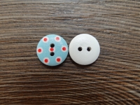 Holzknopf weiß / hellblau mit weiß / roten Punkten, 2 Loch, ca. 1,5 cm