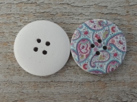 Holzknopf weiß mit hellblau/rosa Muster, 4 Loch, ca. 3,0 cm