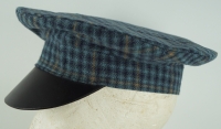 Forage Cap blau/braun kariert, auen 100% Wolle, Futter 100% Baumwolle, Schirm + Schweiband 100% Leder