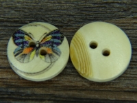 Holzknopf mit Buntem Schmetterling, 2 Loch, ca. 1,5 cm